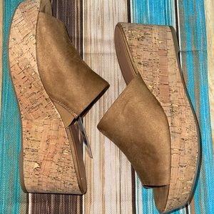 A New Day Light Brown Faux Suede Cork Platform Wedge Mules Women’s Size 11